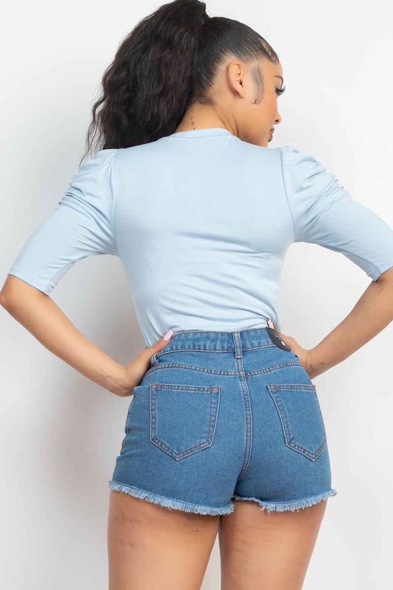 Women's Round Neck Puff Ruched Sleeve Soft Solid Top Shirt