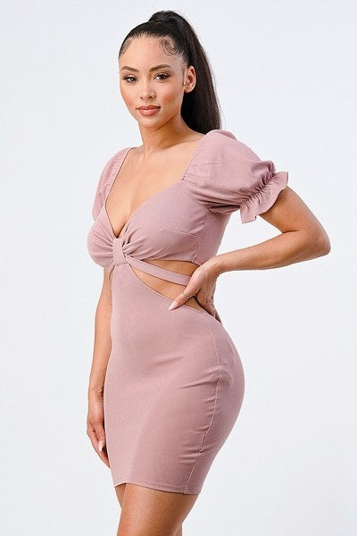 Women's Sweetheart Bodycon Mini Dress Side Cutout Back Tie Short Sleeve Shirt