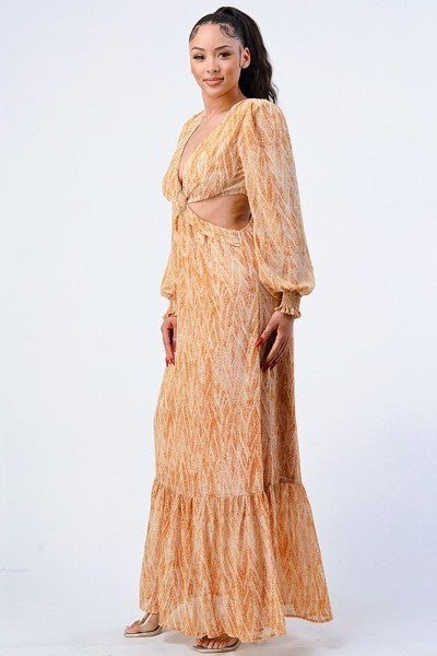 Women's V Neck Printed Maxi Dress Self Belted Long Sleeve Side Cut Out Ruffled