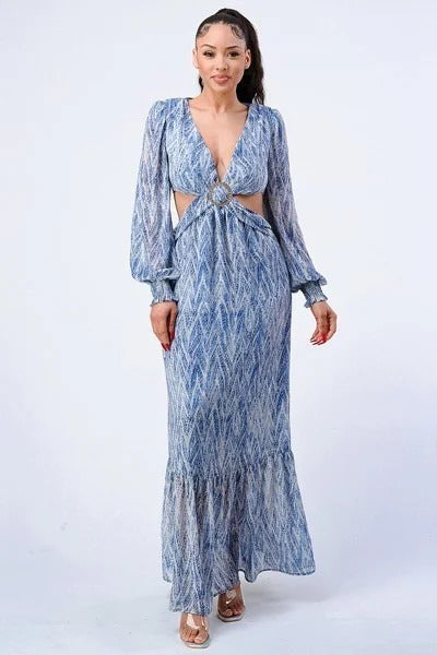Women's V Neck Printed Maxi Dress Self Belted Long Sleeve Side Cut Out Ruffled