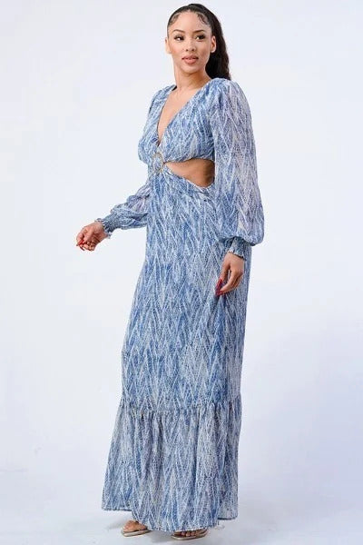 Women's V Neck Printed Maxi Dress Self Belted Long Sleeve Side Cut Out Ruffled