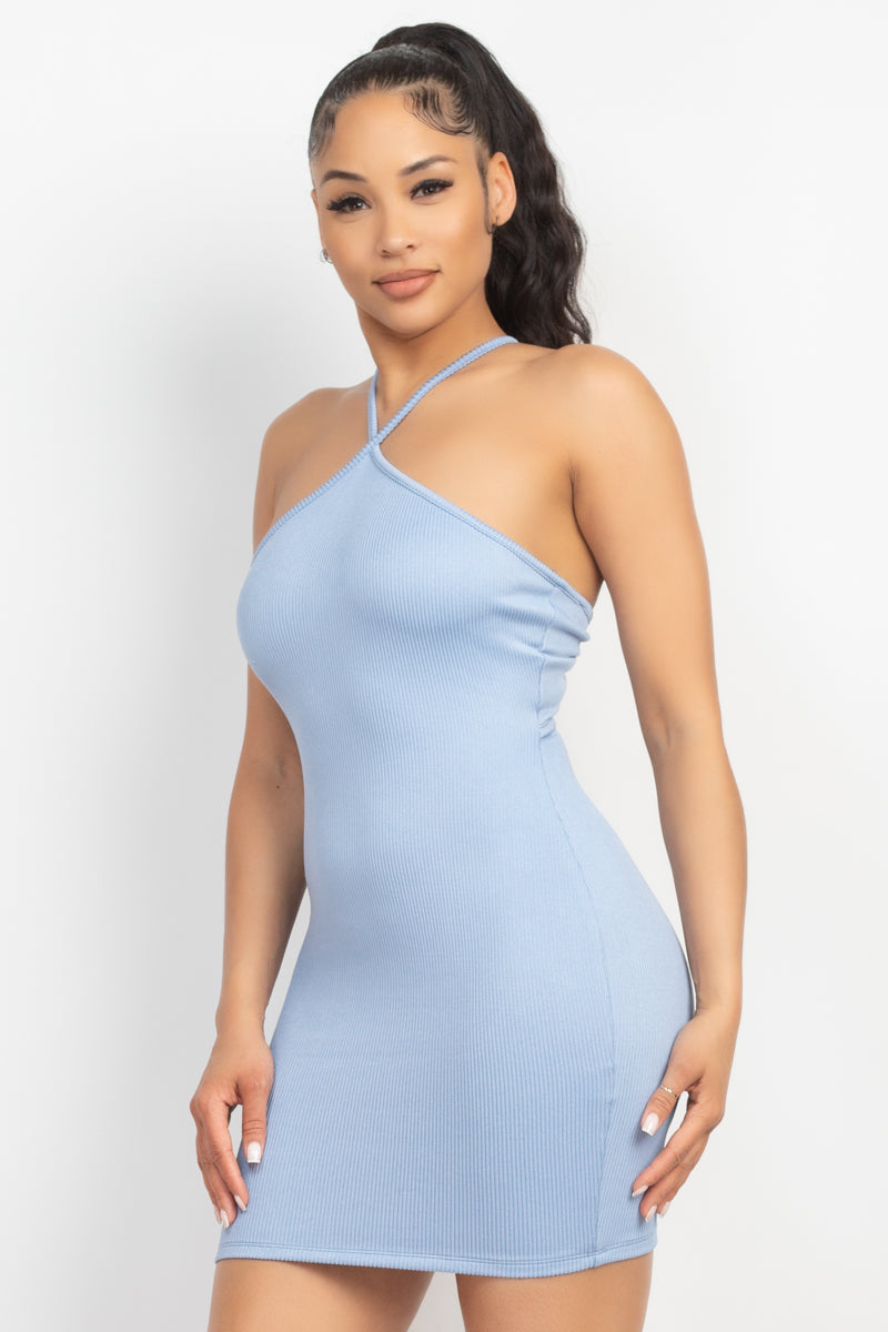 Women's Halter Neck Ribbed Seamless Cut-out Bodycon Dress (Blue)
