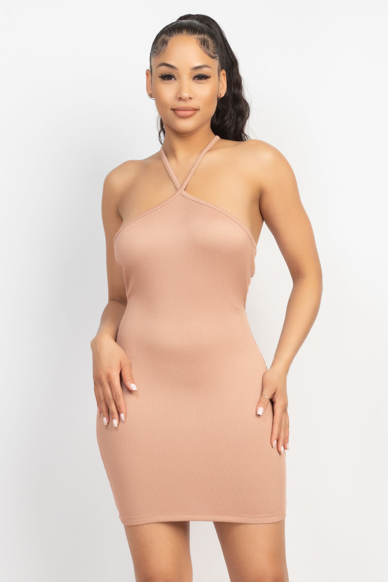 Women's Halter Neck Ribbed Seamless Cut-out Bodycon Dress (Tan)
