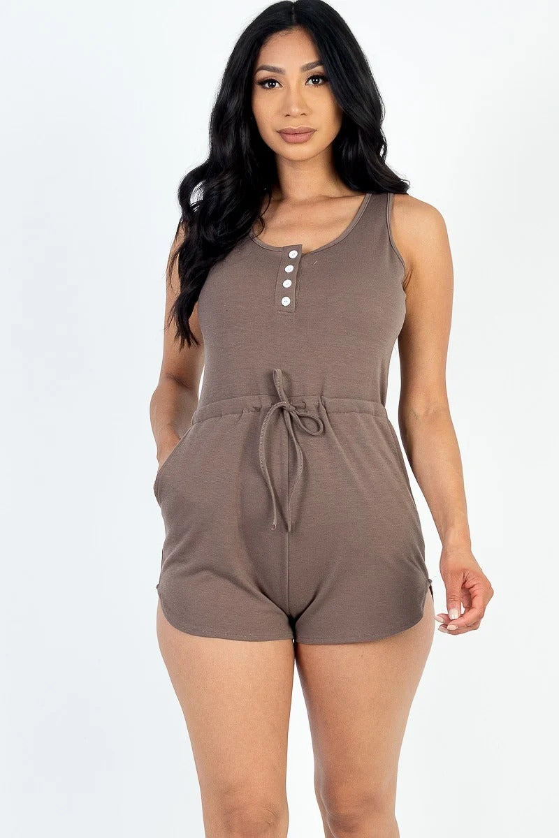 Women's Stretch French Terry Tank Romper Sleeveless Drawstring Button Bodysuit