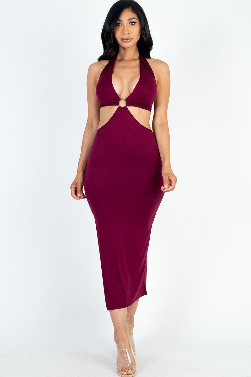 Women's Bodycon Dress Stretch Split Back Tie Midi Sleeveless Cut-out Halter Neck