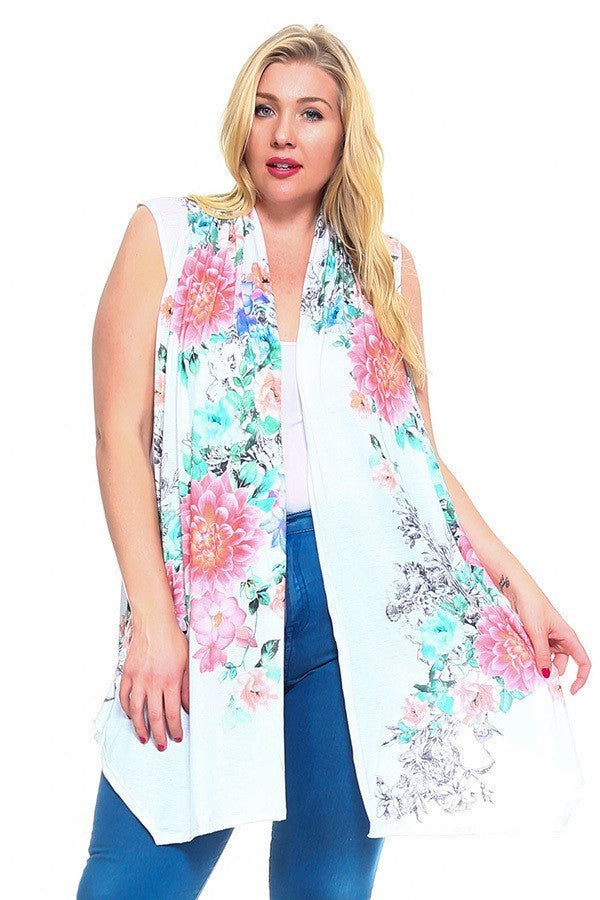 Women Plus Floral Long Open Front Vest Tunic Sleeveless Cardigan Top (1X,2X,3X)