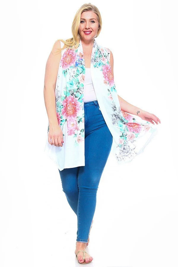 Women Plus Floral Long Open Front Vest Tunic Sleeveless Cardigan Top (1X,2X,3X)