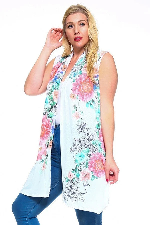 Women Plus Floral Long Open Front Vest Tunic Sleeveless Cardigan Top (1X,2X,3X)
