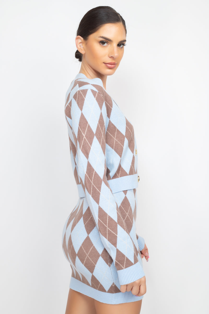 Women's Diamond Button-front Cardigan V-neck Long Sleeve Soft Knit Sweater