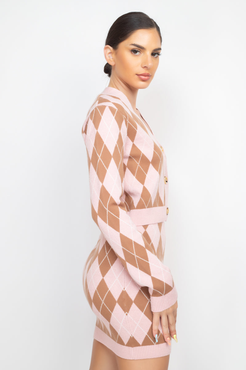 Women's Diamond Button-front Cardigan V-neck Long Sleeve Soft Knit Sweater