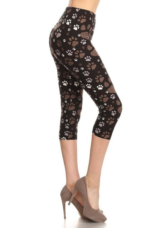 Women's Buttery Soft Paw Printed High Waisted Capri Leggings Fitted Waistband