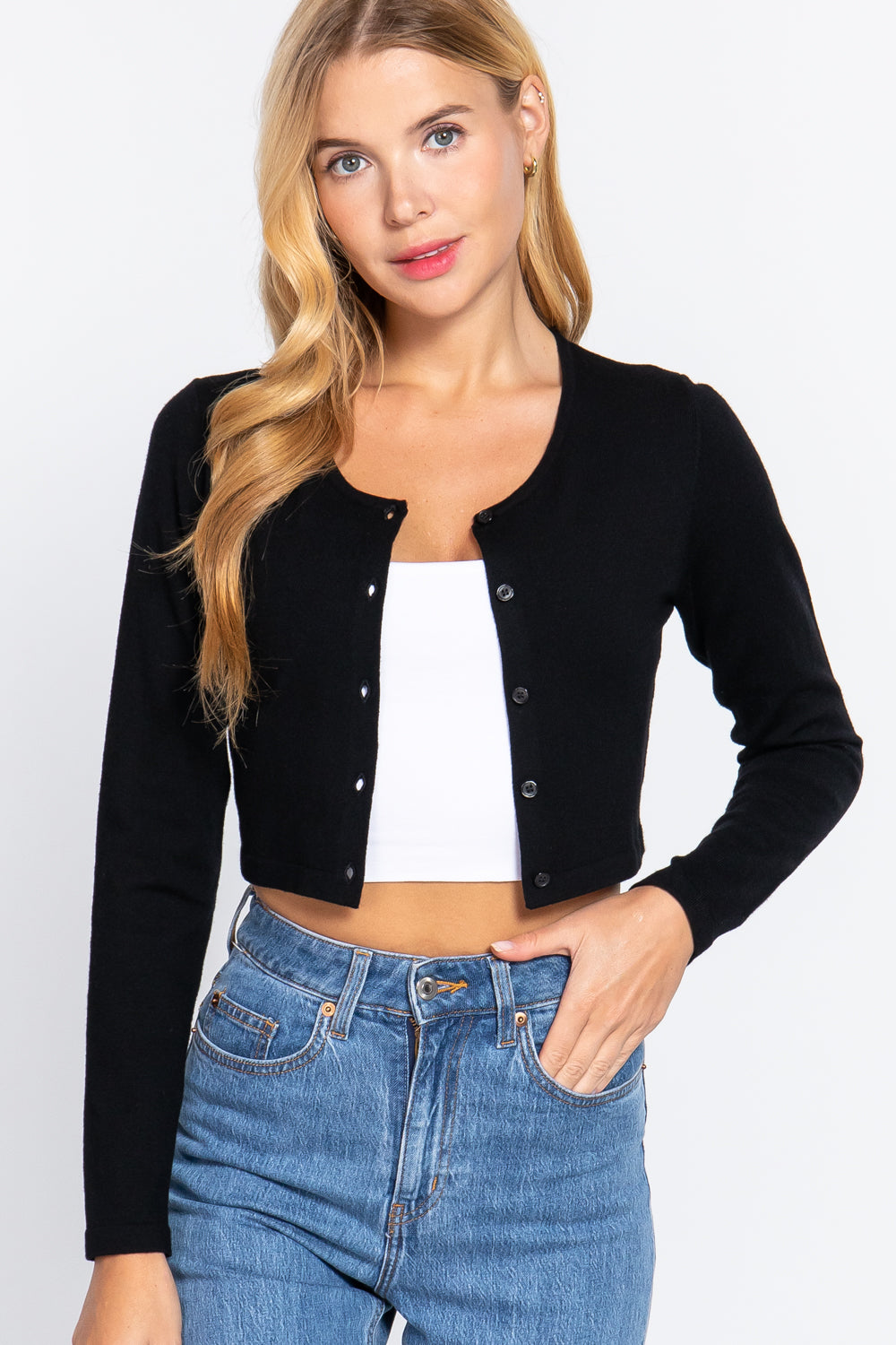 Women's Long Sleeve Round Neck Cropped Open Buttons Viscose Cardigan Sweater