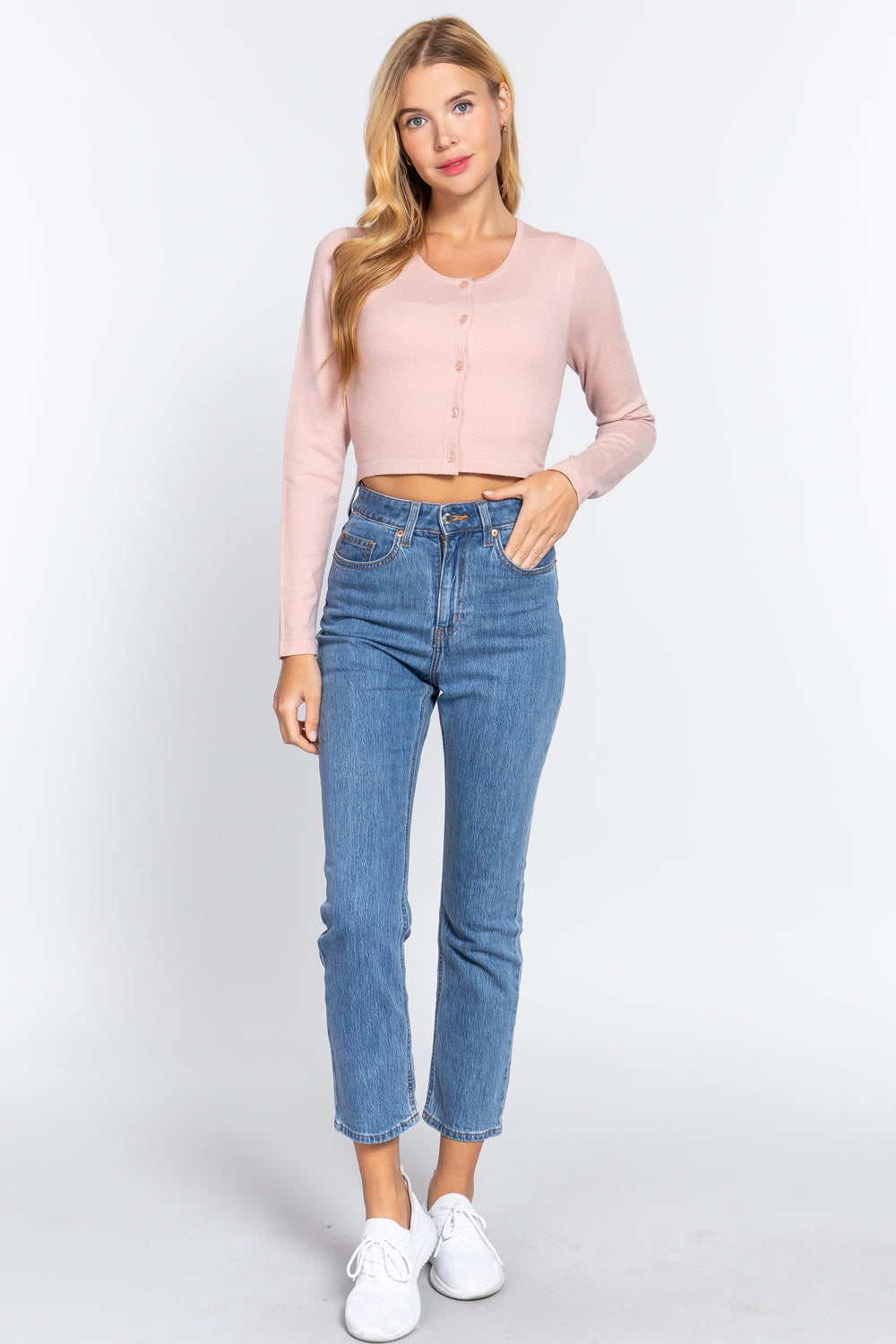 Women's Long Sleeve Round Neck Cropped Open Buttons Viscose Cardigan Sweater