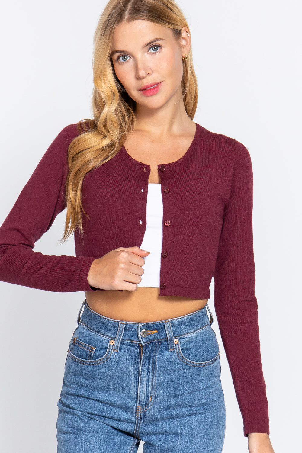 Women's Long Sleeve Round Neck Cropped Open Buttons Viscose Cardigan Sweater