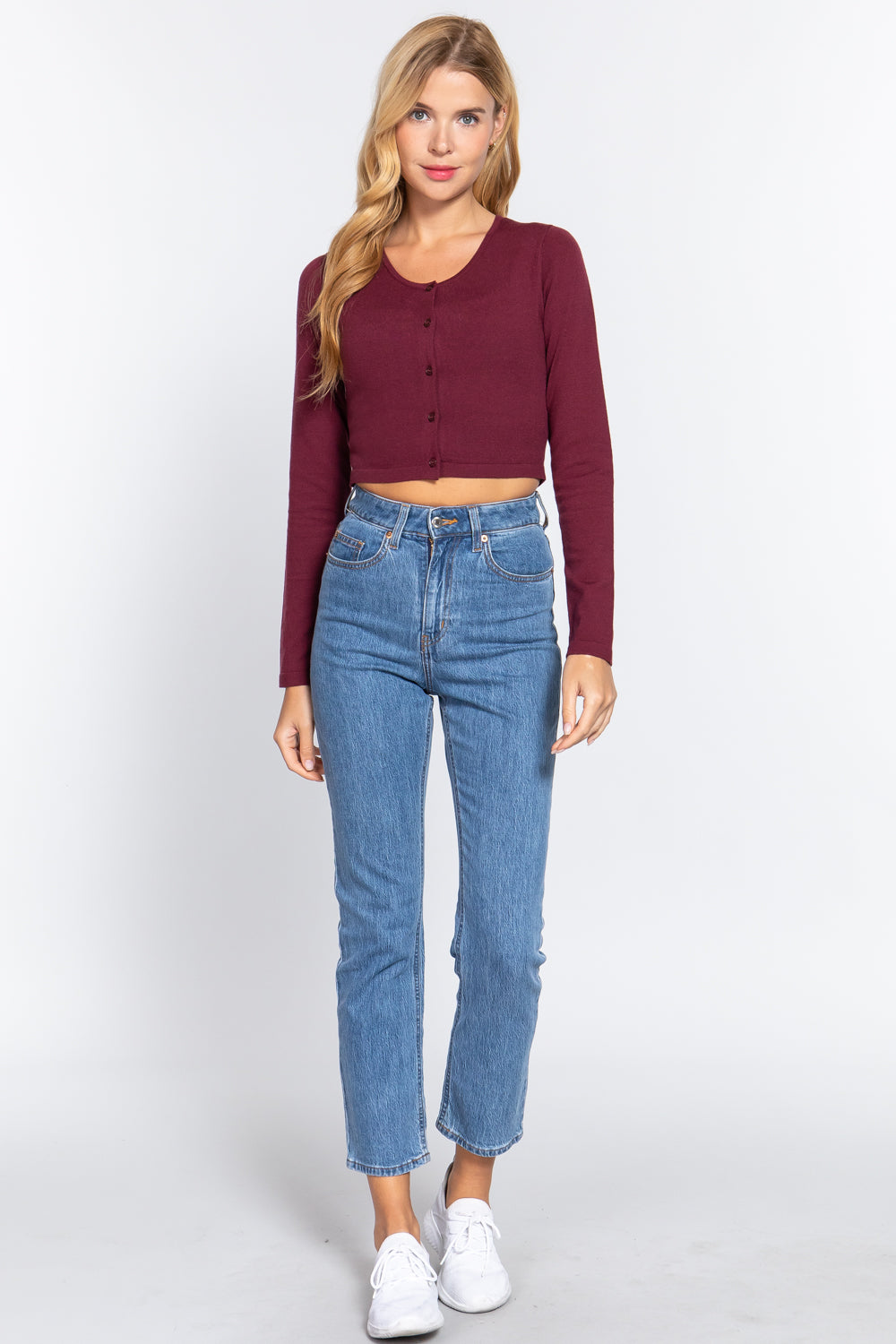 Women's Long Sleeve Round Neck Cropped Open Buttons Viscose Cardigan Sweater