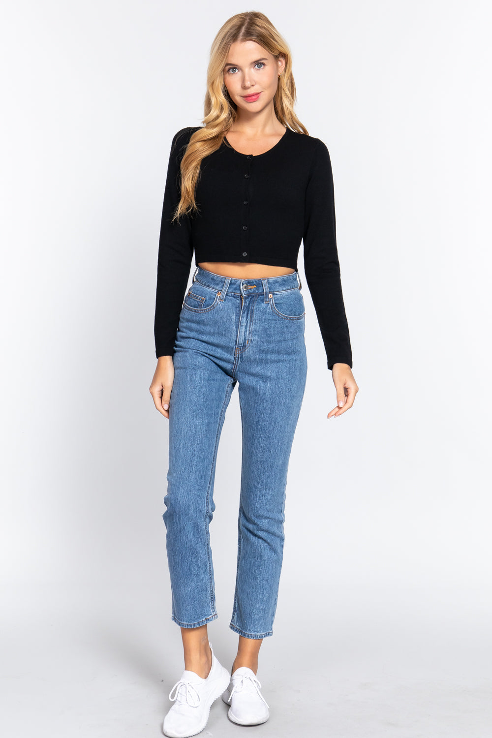 Women's Long Sleeve Round Neck Cropped Open Buttons Viscose Cardigan Sweater