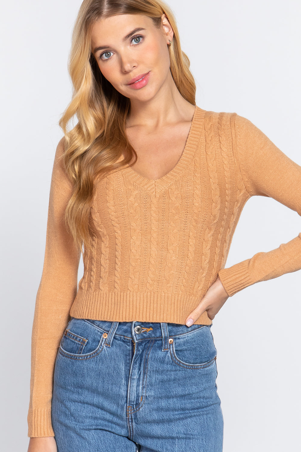 Women's Long Sleeve V-neck Cable Viscose Sweater Cropped Soft Fitted