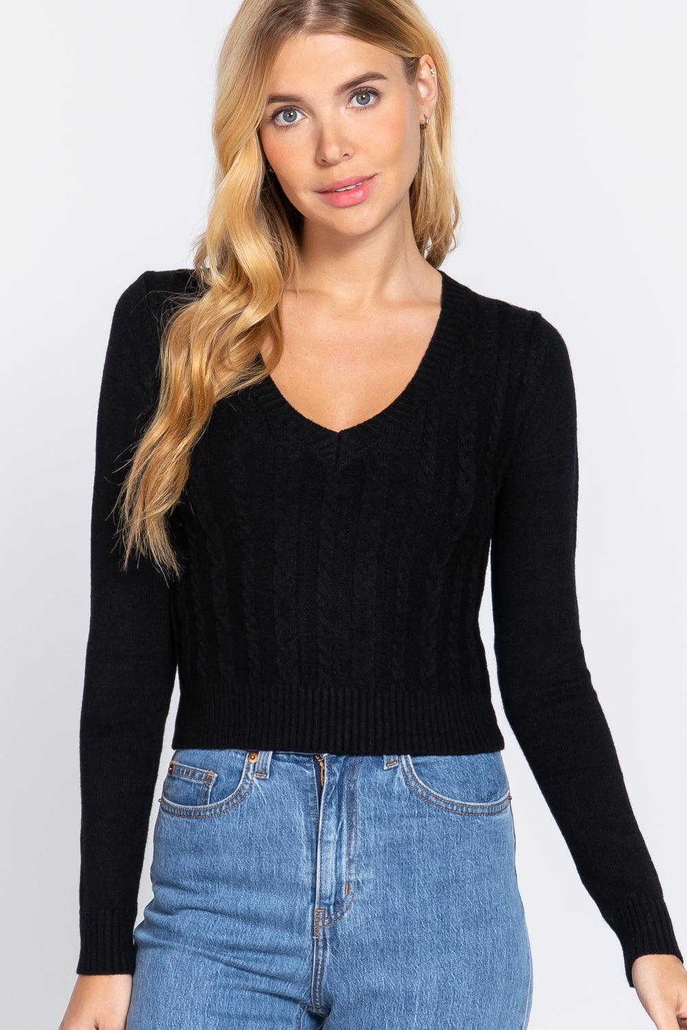Women's Long Sleeve V-neck Cable Viscose Sweater Cropped Soft Fitted