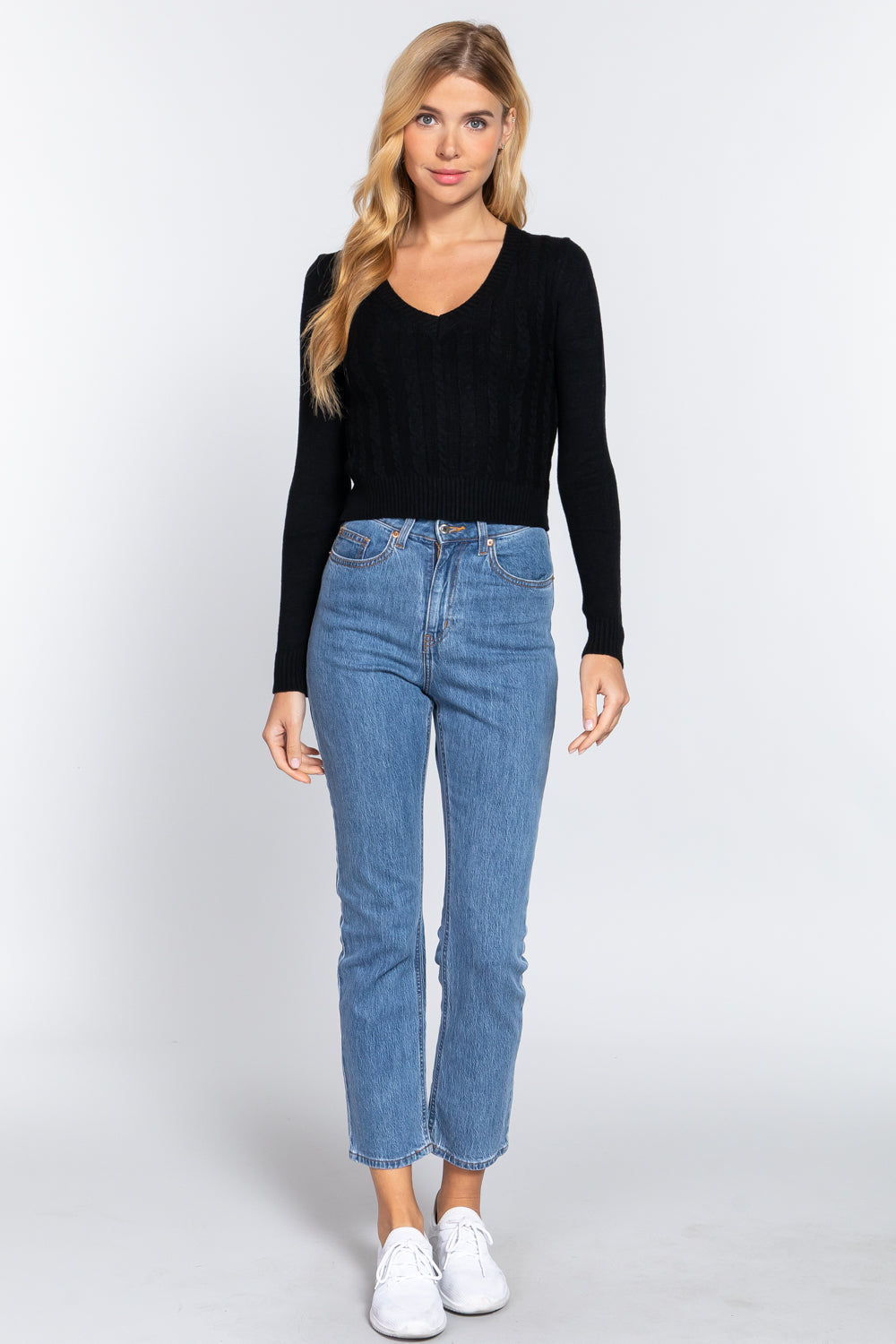 Women's Long Sleeve V-neck Cable Viscose Sweater Cropped Soft Fitted