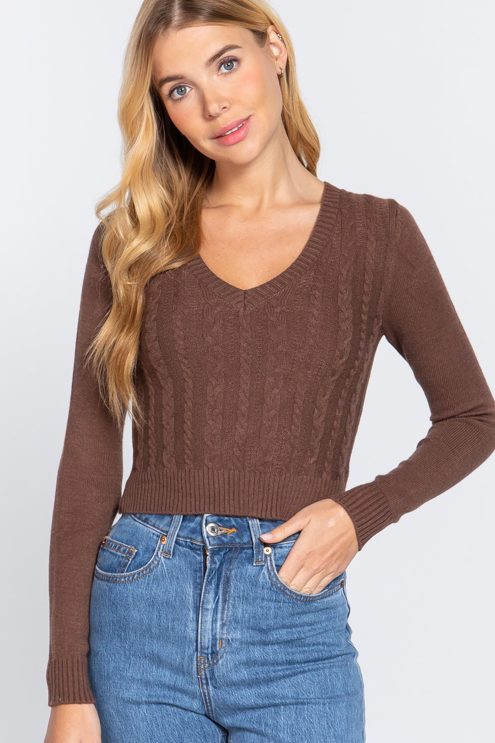 Women's Long Sleeve V-neck Cable Viscose Sweater Cropped Soft Fitted