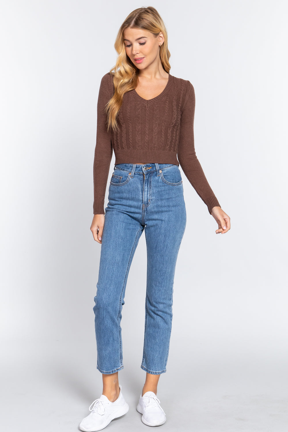 Women's Long Sleeve V-neck Cable Viscose Sweater Cropped Soft Fitted