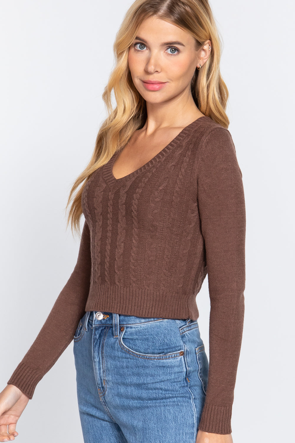 Women's Long Sleeve V-neck Cable Viscose Sweater Cropped Soft Fitted