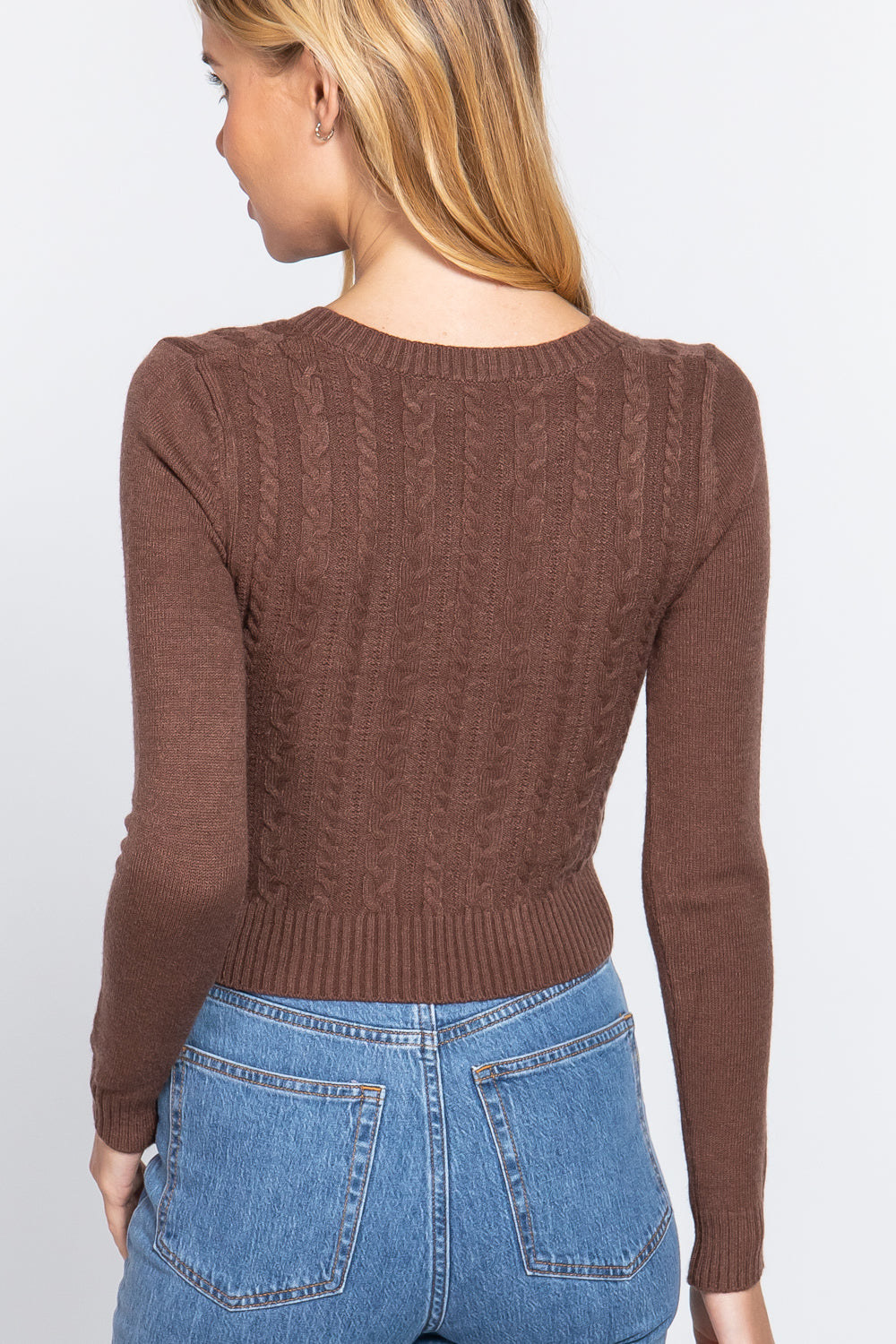 Women's Long Sleeve V-neck Cable Viscose Sweater Cropped Soft Fitted