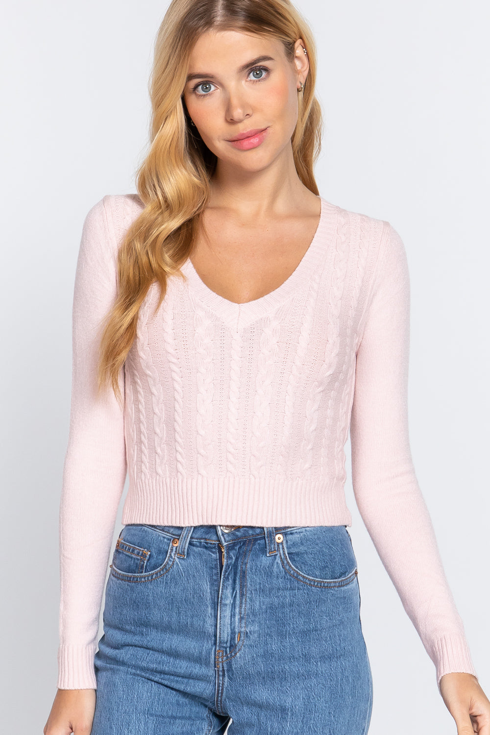 Women's Long Sleeve V-neck Cable Viscose Sweater Cropped Soft Fitted