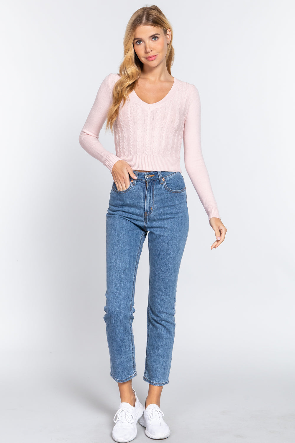 Women's Long Sleeve V-neck Cable Viscose Sweater Cropped Soft Fitted