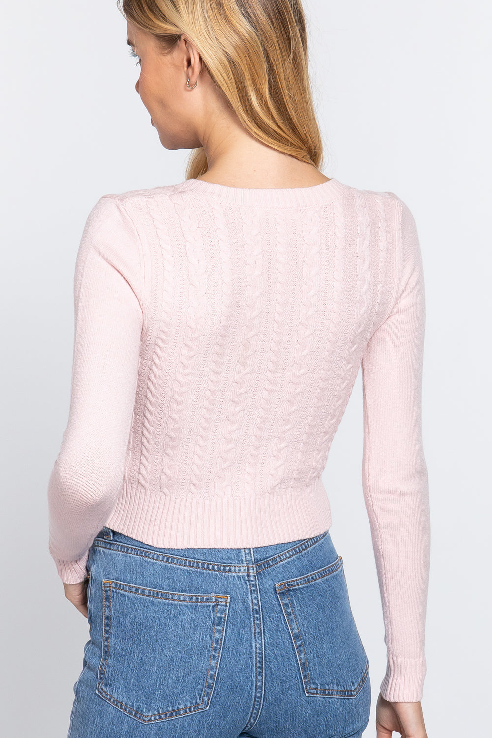Women's Long Sleeve V-neck Cable Viscose Sweater Cropped Soft Fitted