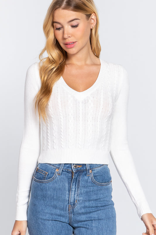 Women's Long Sleeve V-neck Cable Viscose Sweater Cropped Soft Fitted