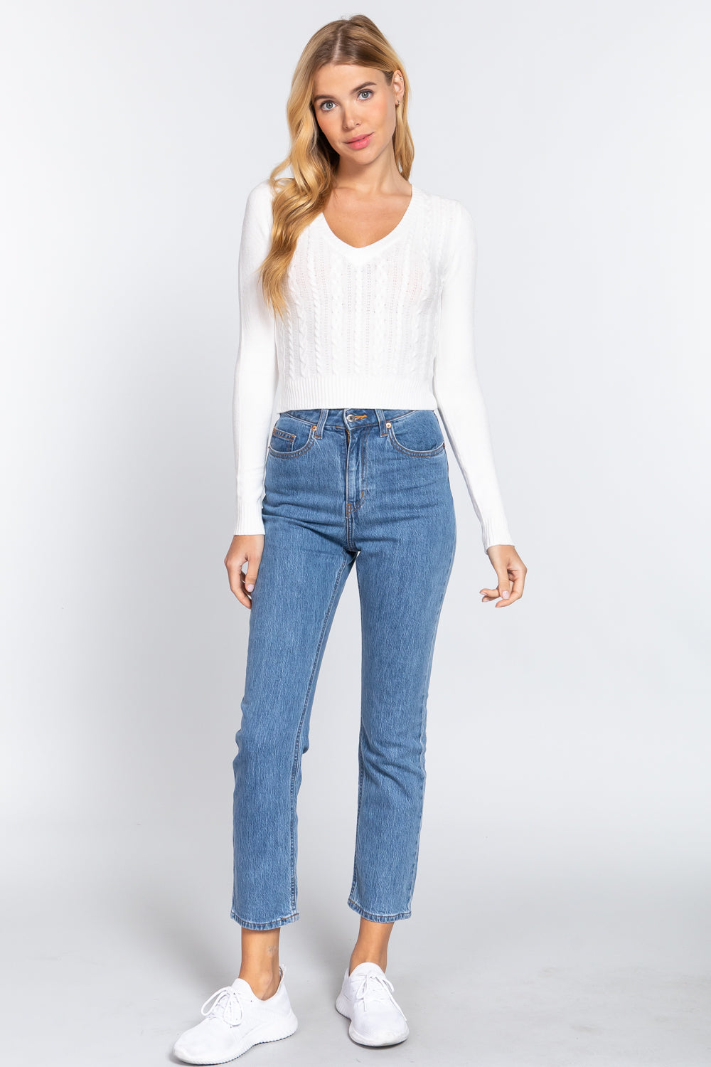 Women's Long Sleeve V-neck Cable Viscose Sweater Cropped Soft Fitted