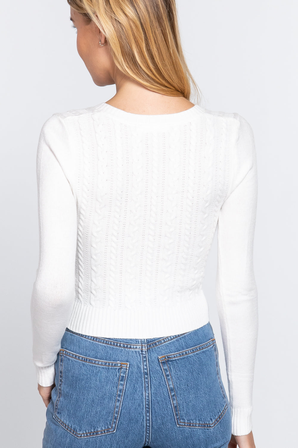 Women's Long Sleeve V-neck Cable Viscose Sweater Cropped Soft Fitted
