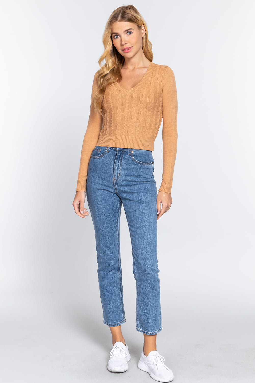 Women's Long Sleeve V-neck Cable Viscose Sweater Cropped Soft Fitted