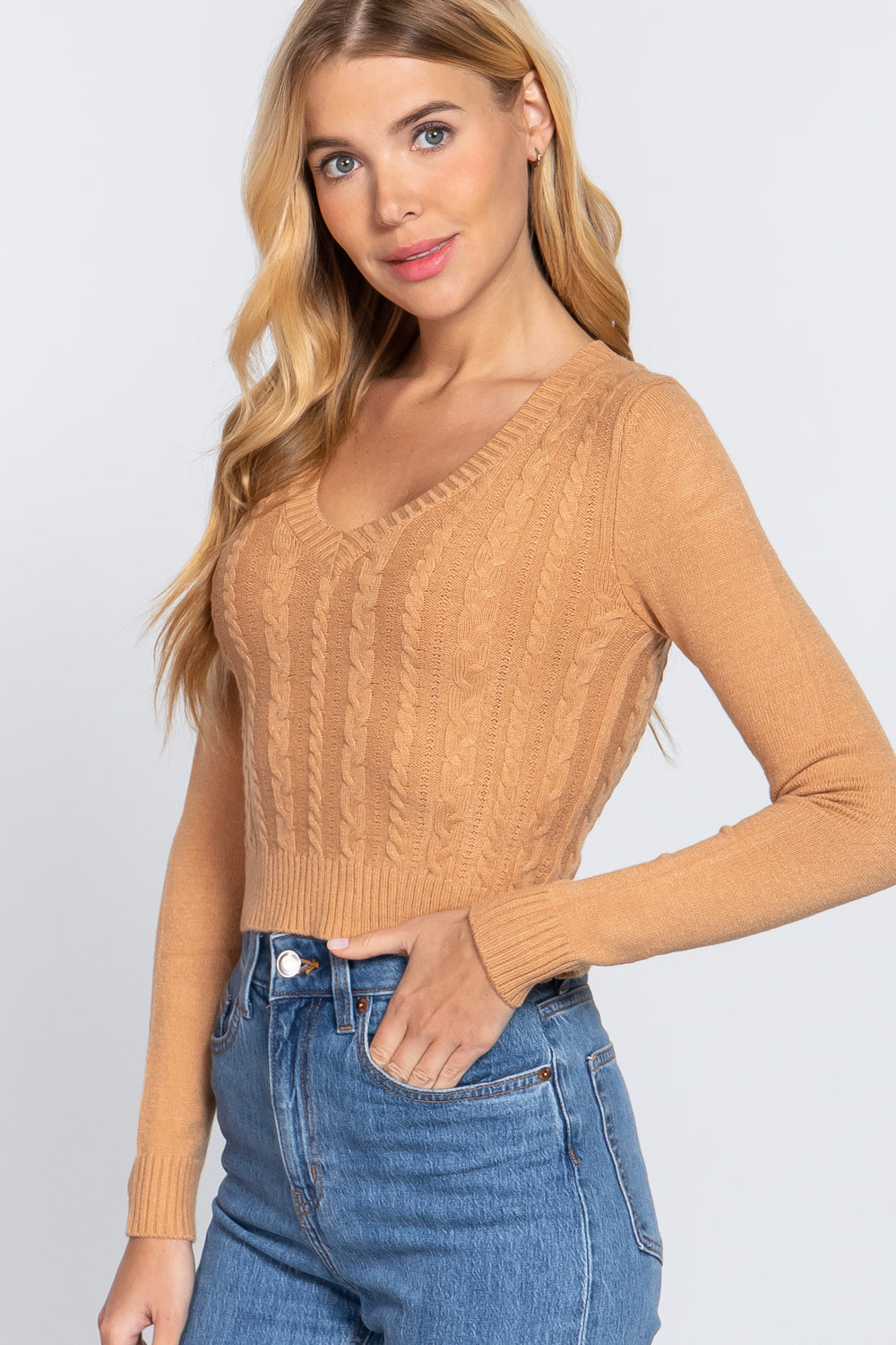 Women's Long Sleeve V-neck Cable Viscose Sweater Cropped Soft Fitted