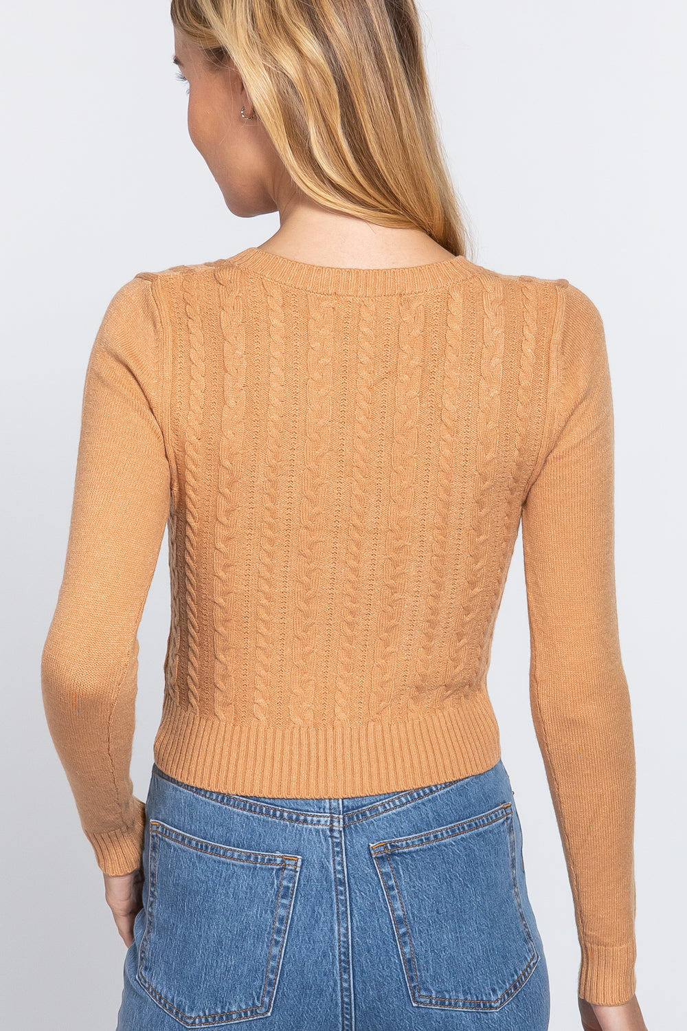 Women's Long Sleeve V-neck Cable Viscose Sweater Cropped Soft Fitted