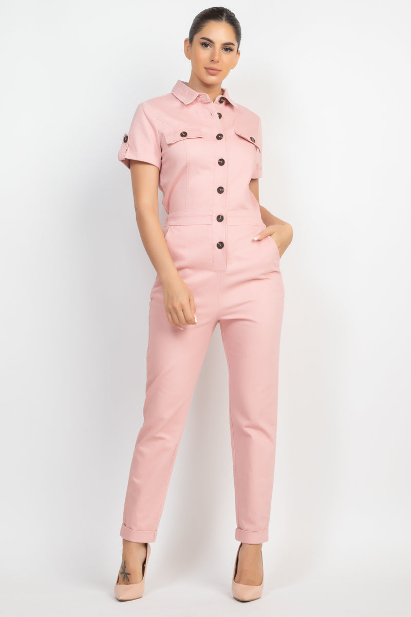 Women's Short Sleeves Button-front Jumpsuit Collared Pockets Full Length Solid