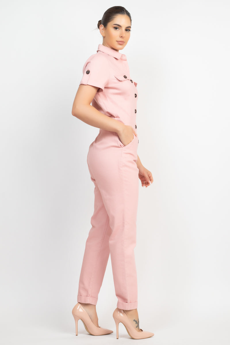 Women's Short Sleeves Button-front Jumpsuit Collared Pockets Full Length Solid