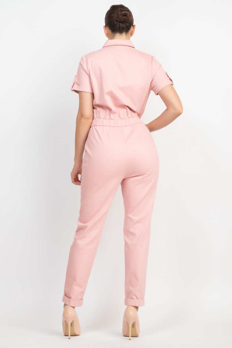 Women's Short Sleeves Button-front Jumpsuit Collared Pockets Full Length Solid