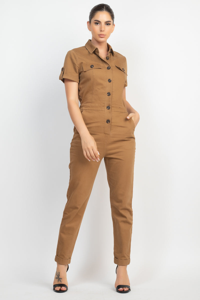 Women's Short Sleeves Button-front Jumpsuit Collared Pockets Full Length Solid
