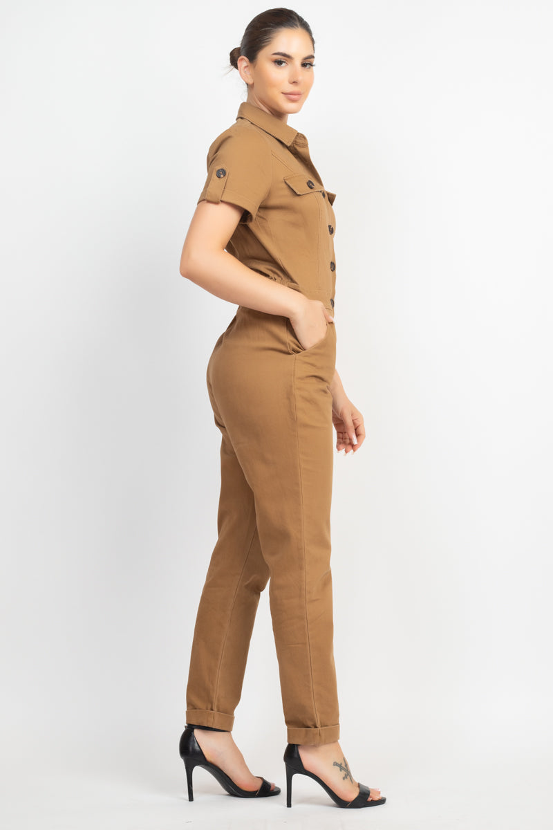 Women's Short Sleeves Button-front Jumpsuit Collared Pockets Full Length Solid