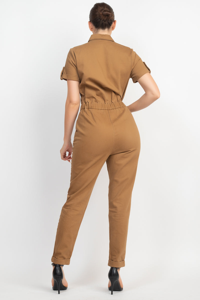 Women's Short Sleeves Button-front Jumpsuit Collared Pockets Full Length Solid