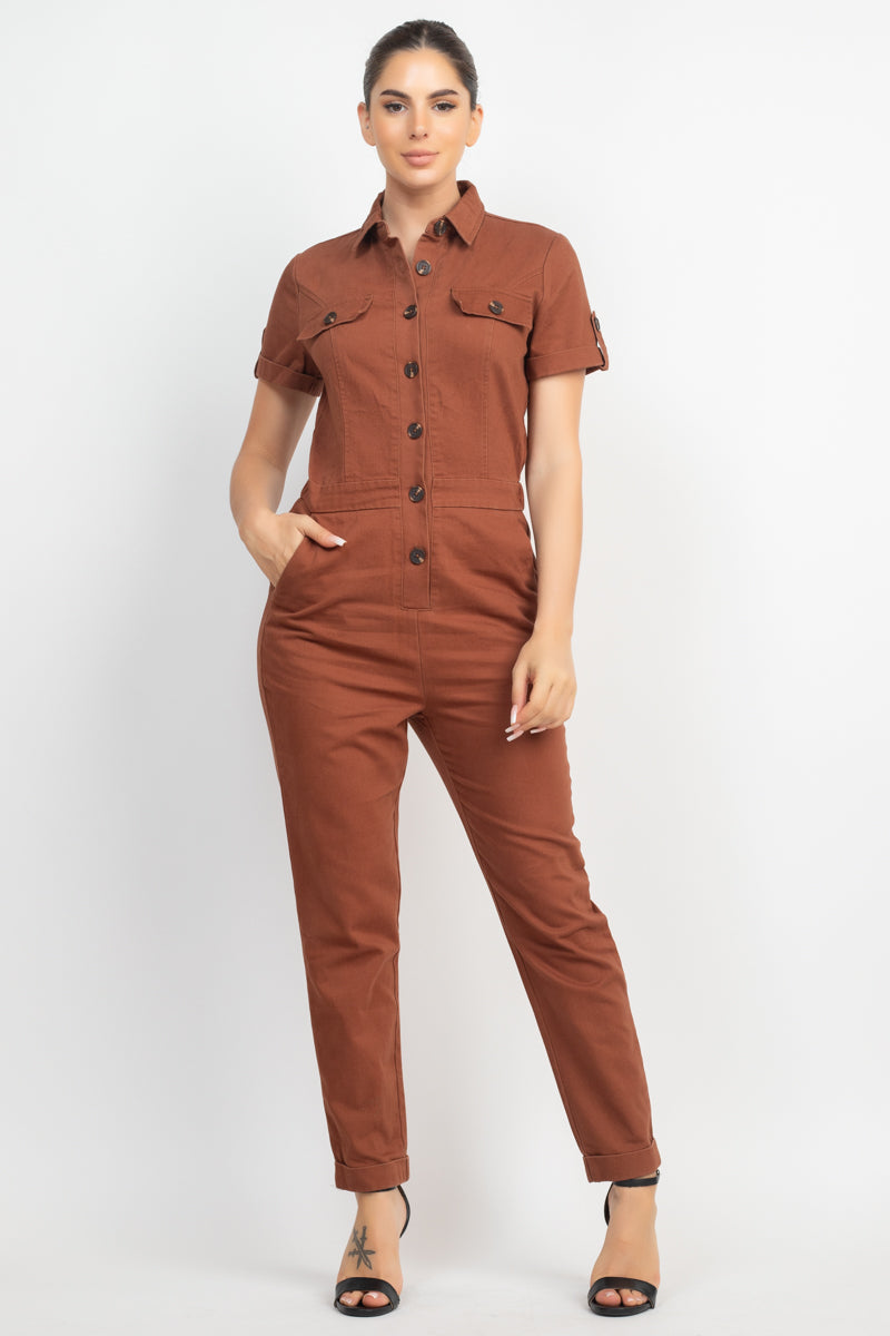 Women's Short Sleeves Button-front Jumpsuit Collared Pockets Full Length Solid