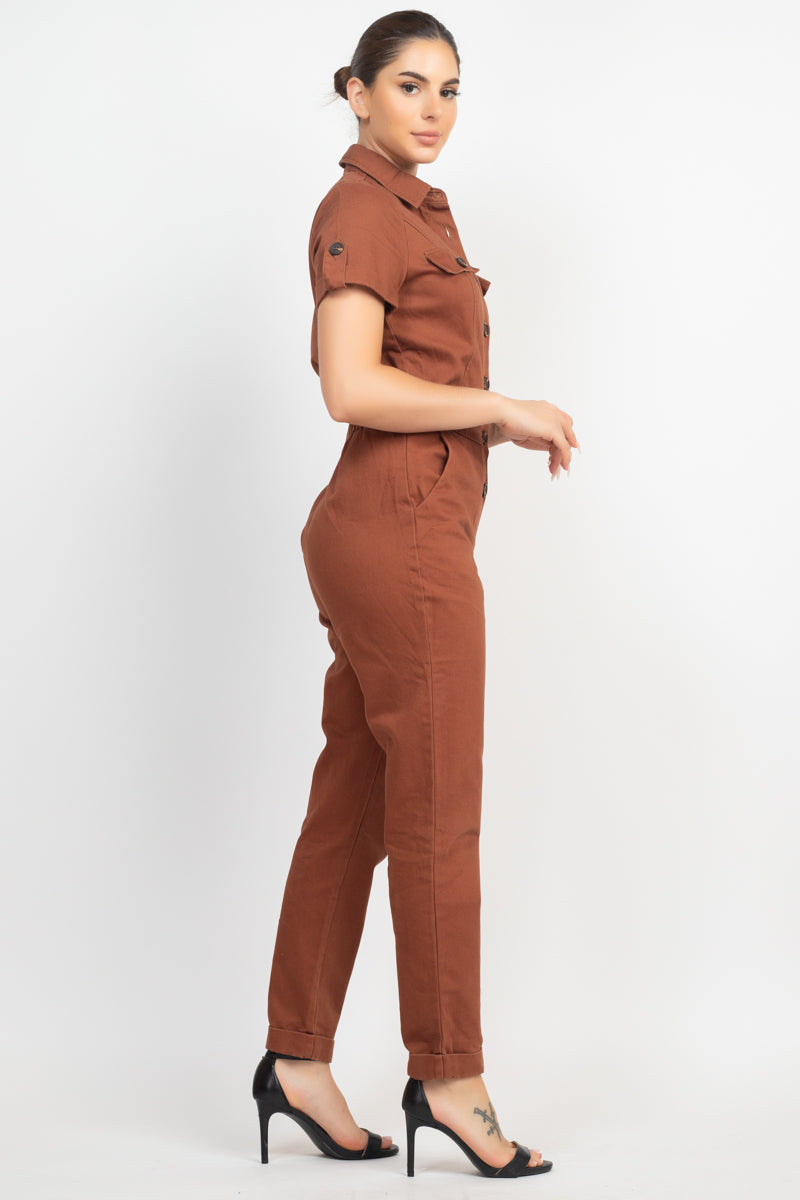 Women's Short Sleeves Button-front Jumpsuit Collared Pockets Full Length Solid