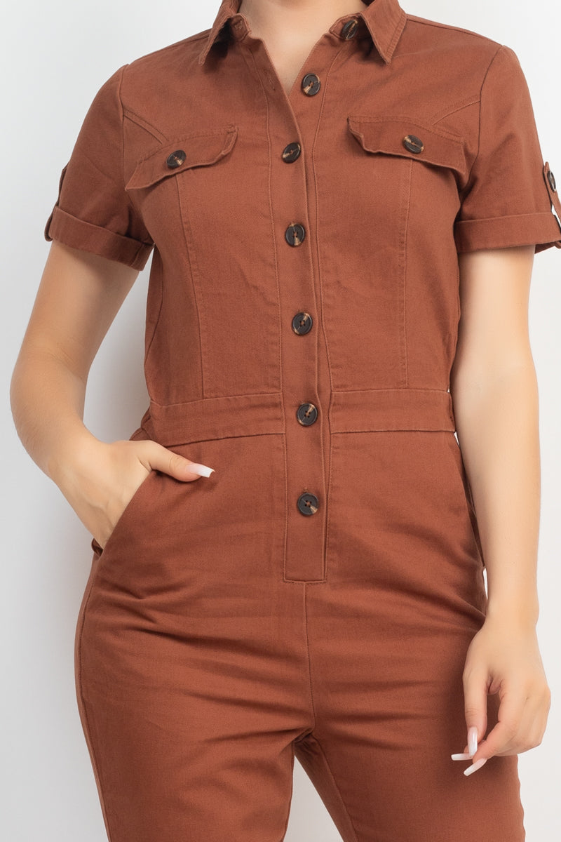 Women's Short Sleeves Button-front Jumpsuit Collared Pockets Full Length Solid