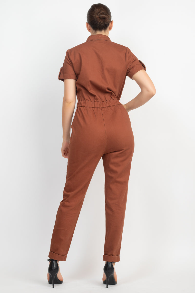 Women's Short Sleeves Button-front Jumpsuit Collared Pockets Full Length Solid
