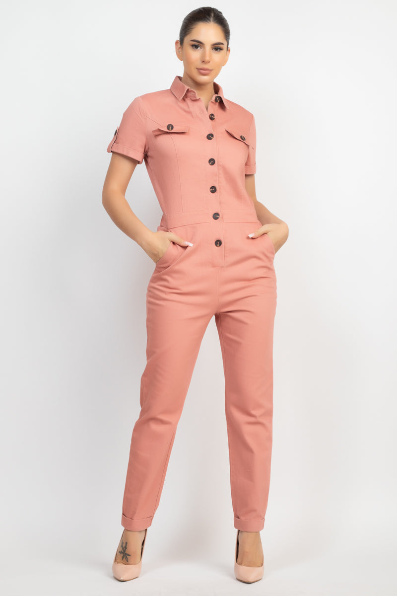 Women's Short Sleeves Button-front Jumpsuit Collared Pockets Full Length Solid
