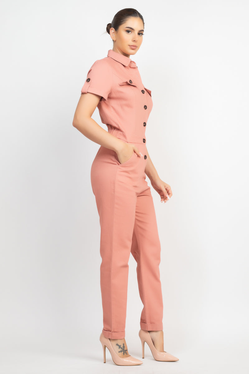 Women's Short Sleeves Button-front Jumpsuit Collared Pockets Full Length Solid