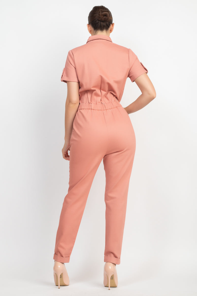 Women's Short Sleeves Button-front Jumpsuit Collared Pockets Full Length Solid