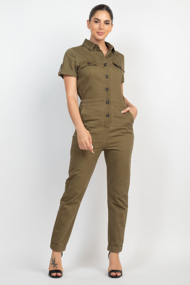 Women's Short Sleeves Button-front Jumpsuit Collared Pockets Full Length Solid